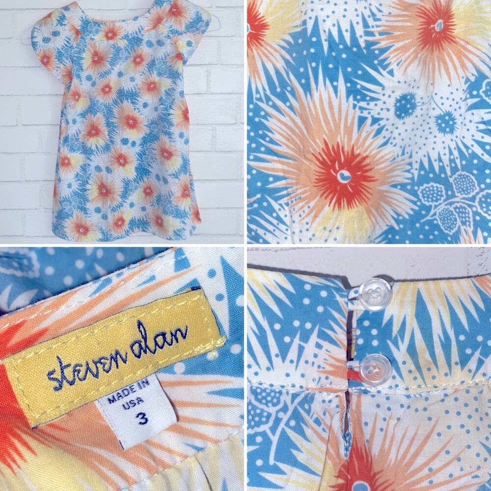 Steven Alan Girls Blue Orange Floral Smock Dress USA Made sz 3